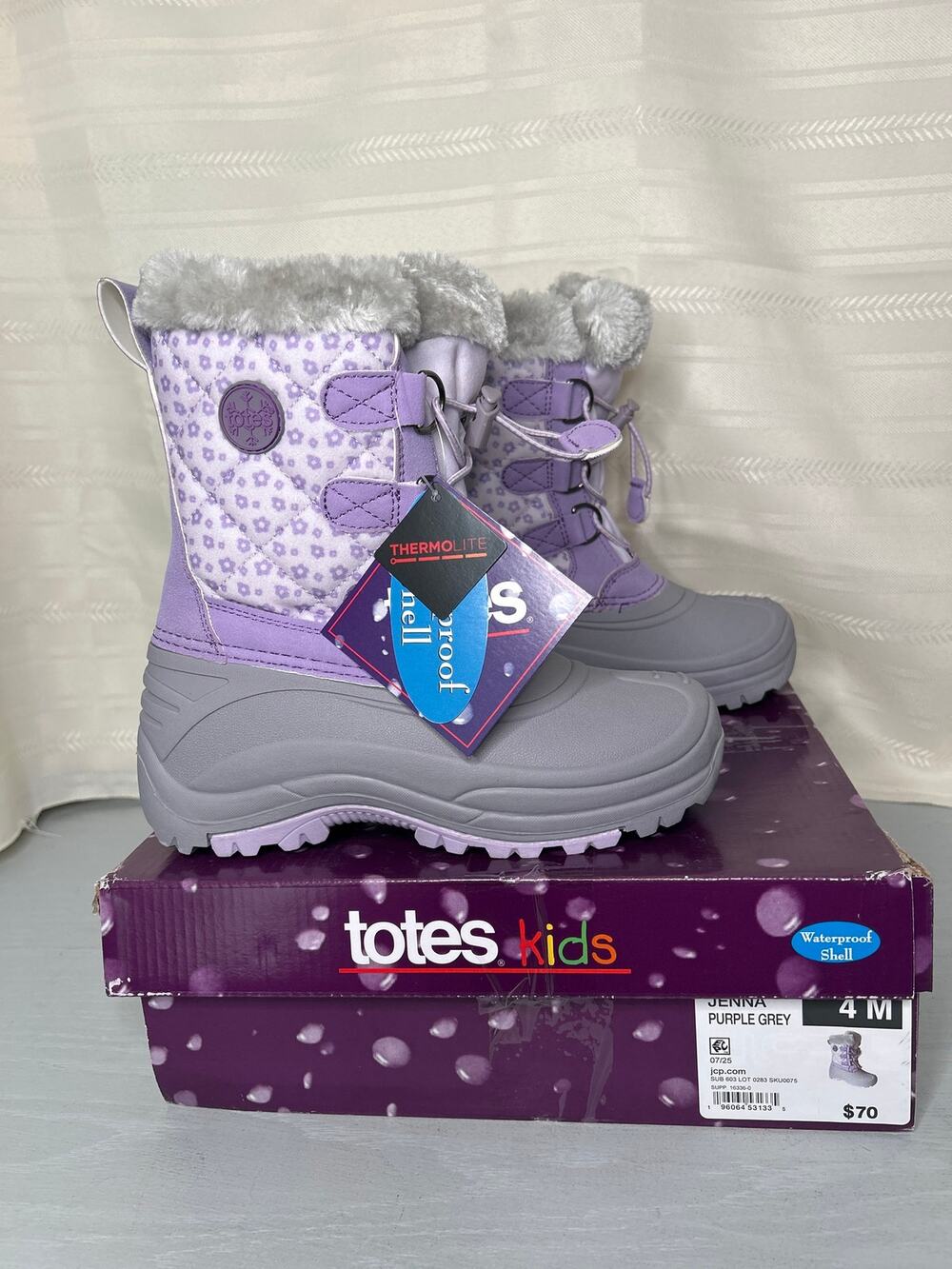 Totes Jenna Waterproof Insulated Winter Boots Purple/Grey Girls Size 4